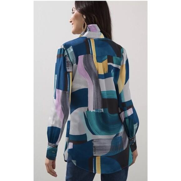 Chicos Woman’s XL 16/18 Abstract Print Button Front Long Sleeve Top Tunic Art - Picture 6 of 12